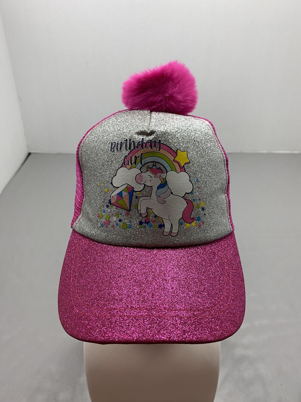 Hat Cap Snap Back One Size Pink Unicorn Mesh Pom Girls Adjustable Glitter